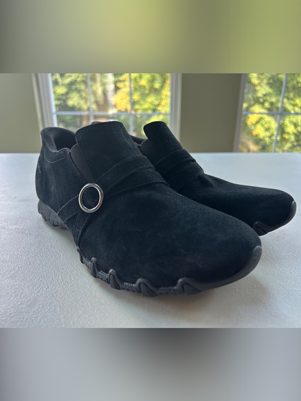 Skechers Black Suede Ankle Slip-ins Booties with Silver Ring Accent